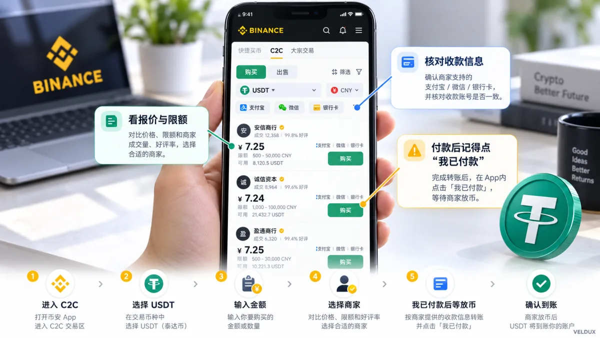 币安C2C购买USDT完整流程图:选择商家、付款确认及到账步骤