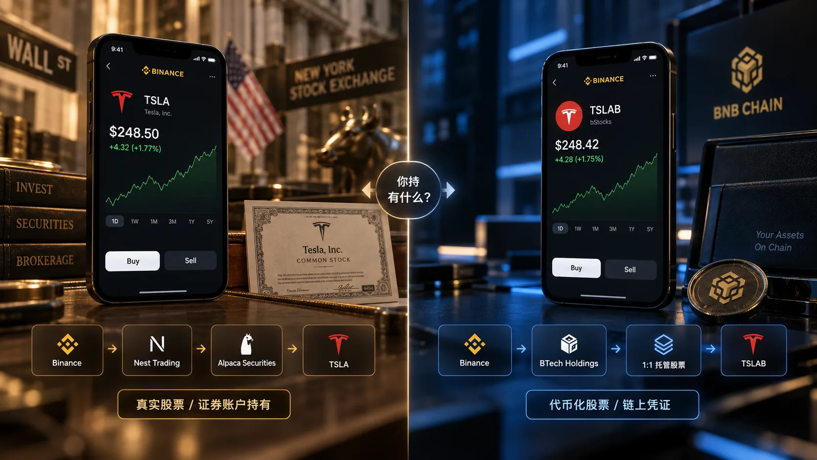 币安 Direct Stocks 与 bStocks 持有结构对比:真实股票与代币化股票的区别
