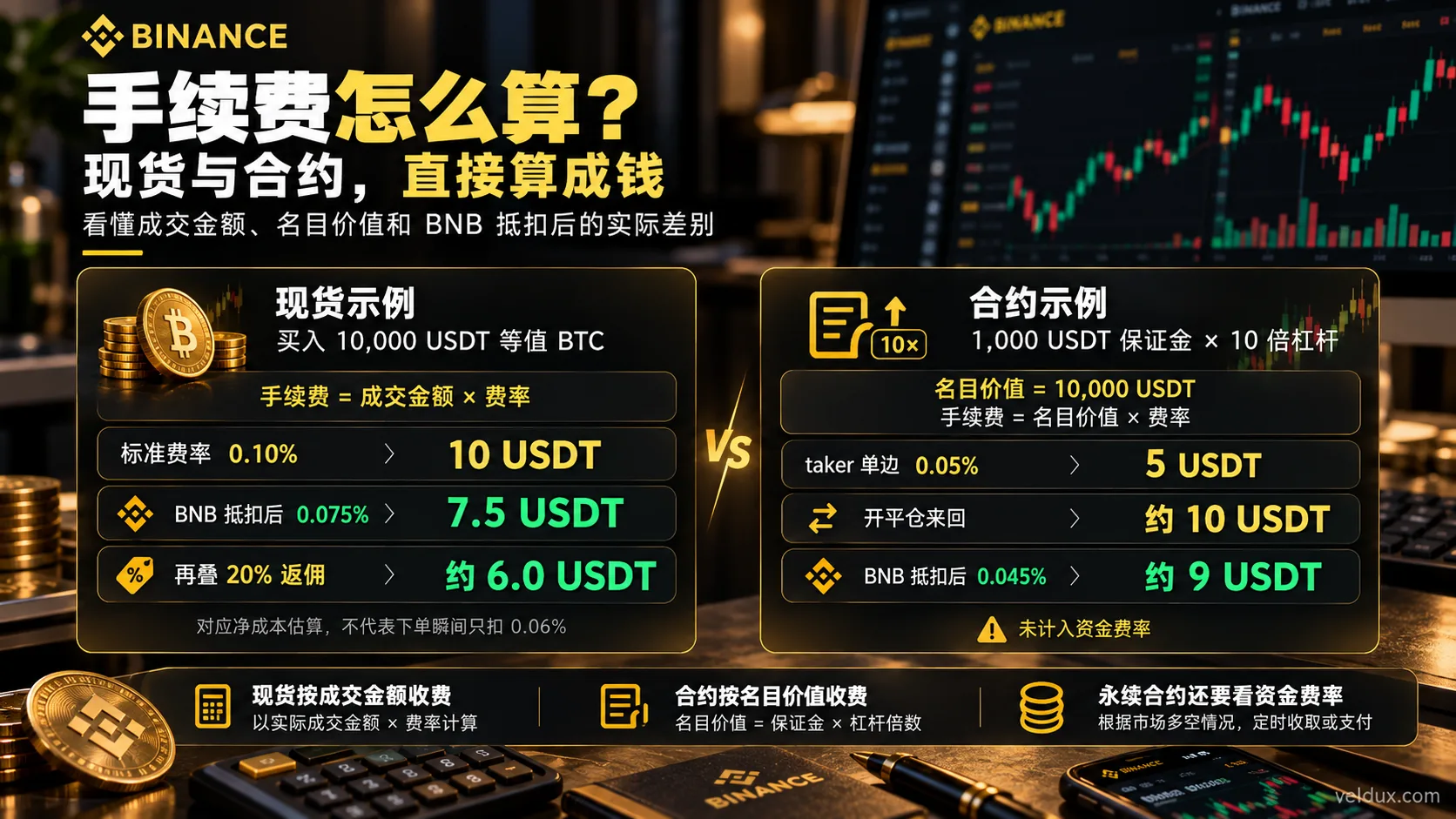 币安手续费计算图：现货按成交金额收费，合约按仓位名目价值收费的对比