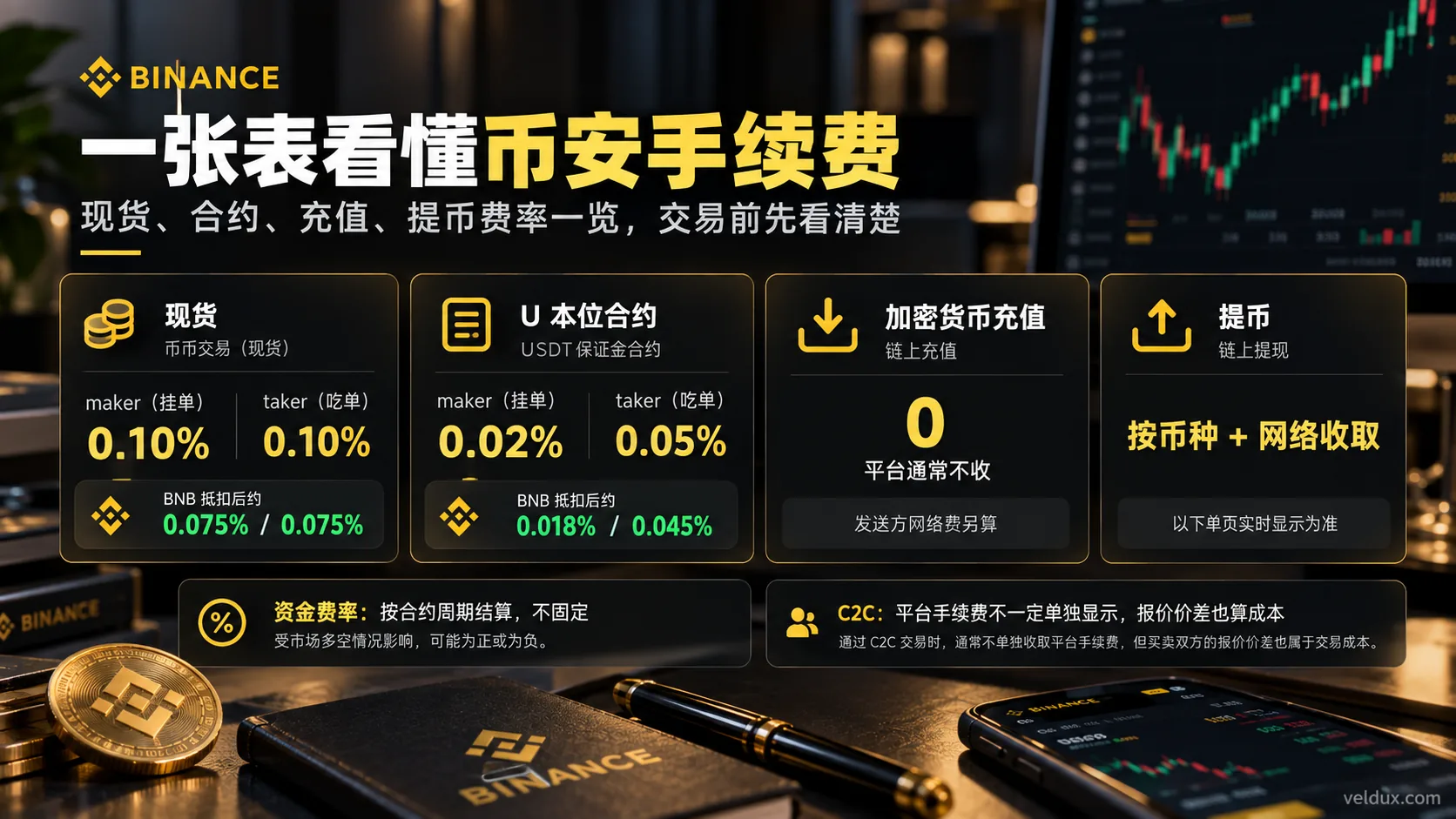 币安手续费结构图：现货、U 本位合约、充值、提币及资金费率的主要收费结构