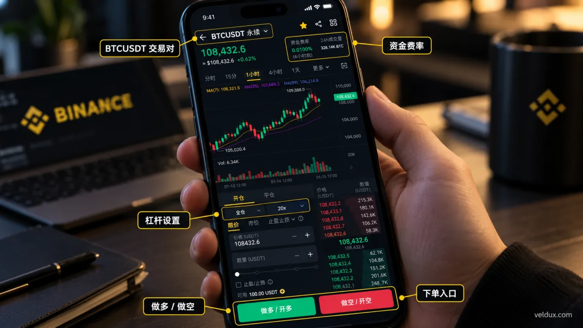 币安合约怎么玩:Binance App BTCUSDT 永续合约交易界面,展示交易对、资金费率、杠杆设置及做多做空入口