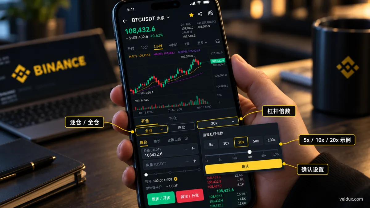 币安合约逐仓和全仓设置教程,展示 Binance App BTCUSDT 永续合约的保证金模式、5倍10倍20倍杠杆设置及确认按钮