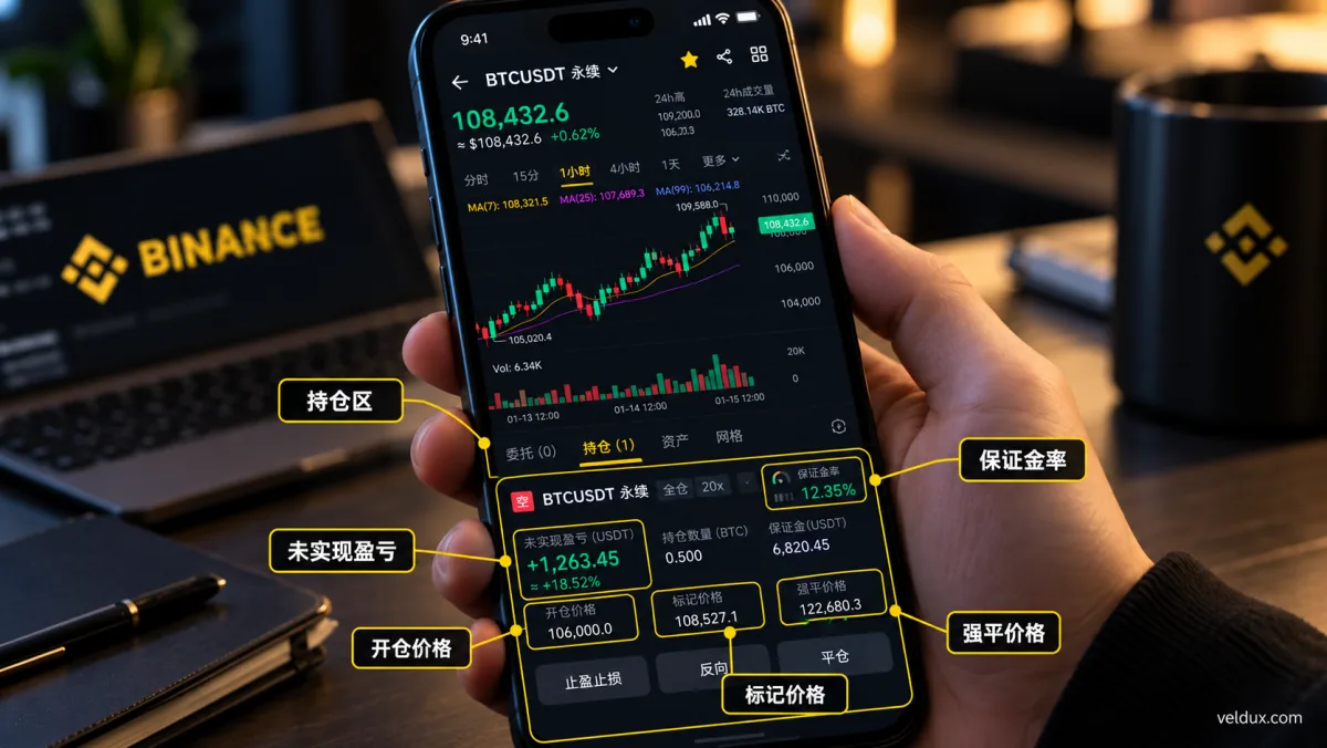 币安合约强平价格怎么看?Binance App BTCUSDT 永续合约持仓界面示意,标注开仓价格、标记价格、强平价格、未实现盈亏和保证金率