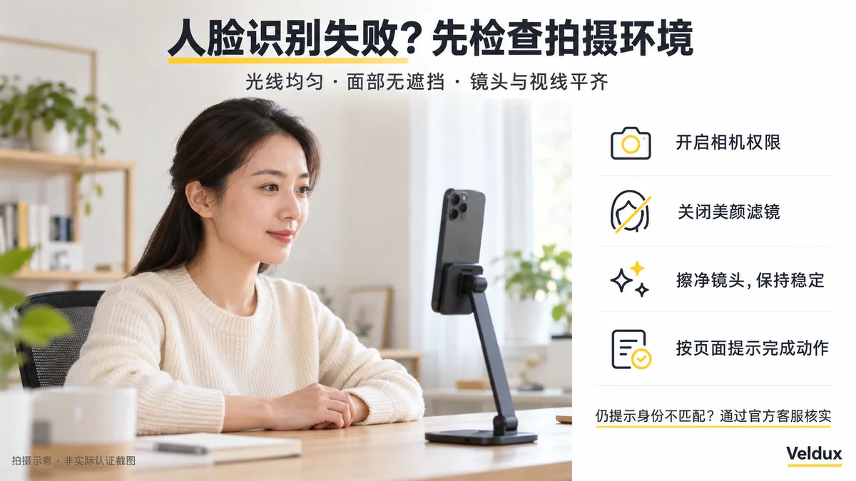 人脸识别拍摄环境检查示意:开启相机权限、关闭美颜滤镜、擦净镜头、按提示完成动作