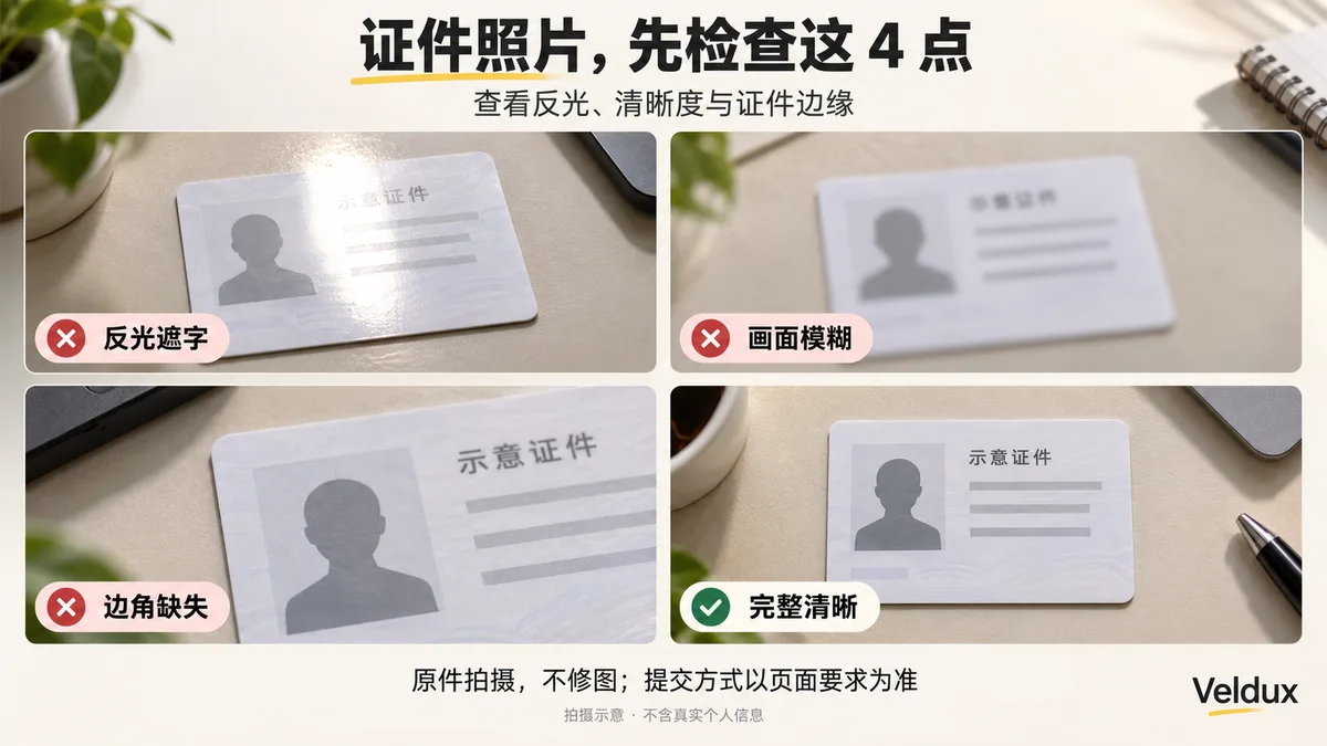 证件照片拍摄四点检查示意:反光遮字、边角缺失、画面模糊、完整清晰