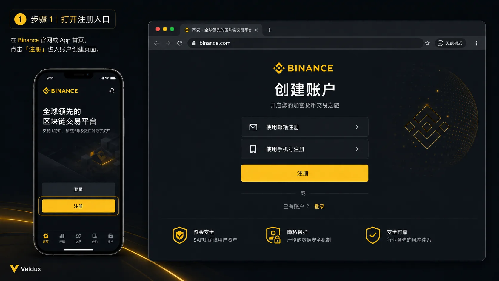 币安官网与 App 的注册入口页面