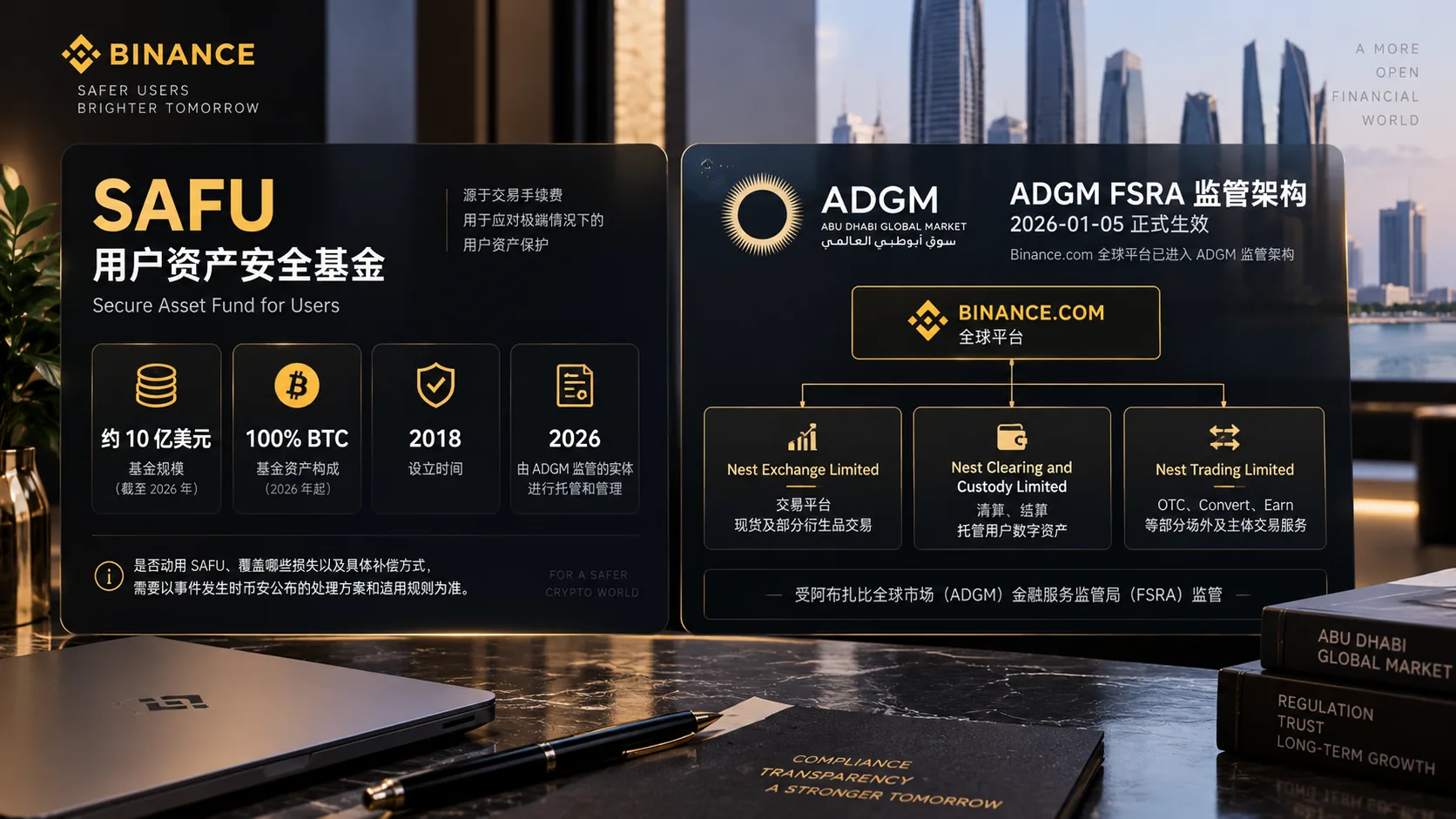 币安 SAFU 用户资产安全基金与 ADGM FSRA 全球监管架构示意图