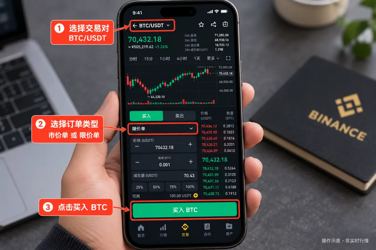 币安现货买币:现货交易页面与买入下单区域