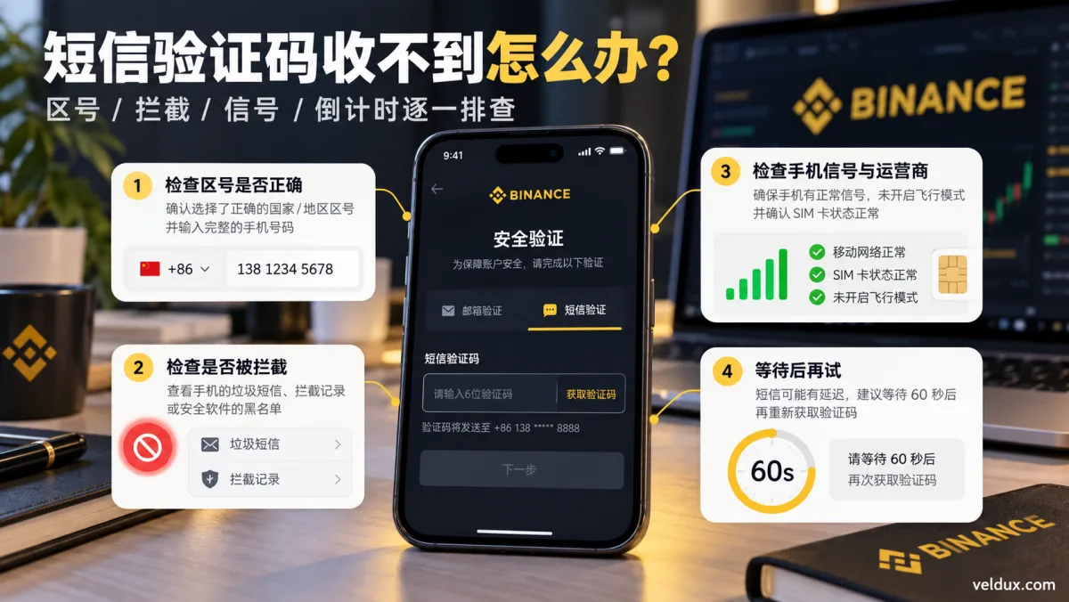 币安短信验证码收不到怎么办？检查手机号区号、短信拦截、手机信号和验证码重新发送时间