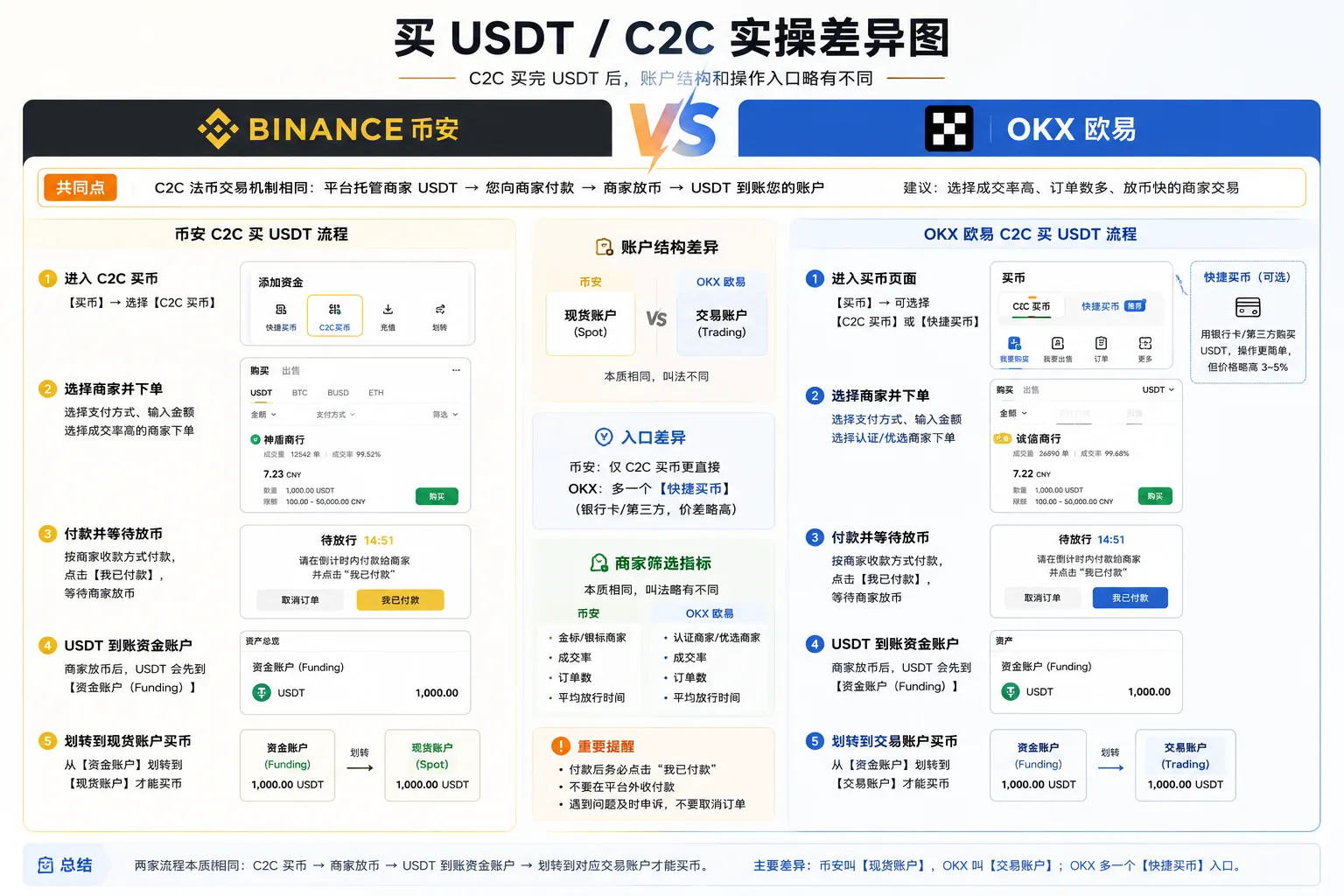 币安 vs 欧易账户结构:币安默认现货账户(不用划转)vs OKX 资金账户 → 交易账户(标出 OKX 快捷买币入口)
