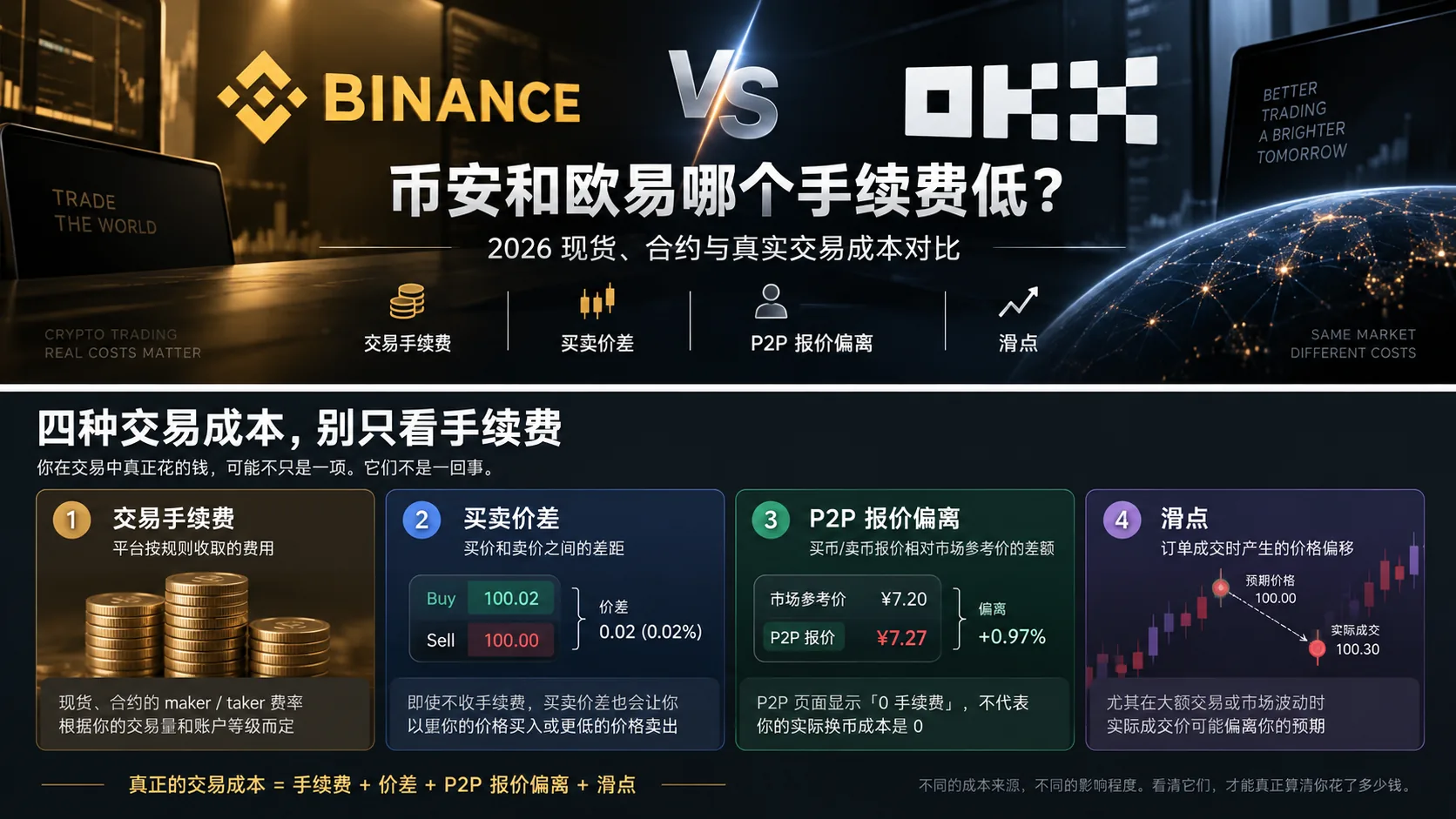 币安 vs 欧易手续费对比总览:显性手续费(现货/合约费率)与隐藏成本(买卖价差、C2C 报价偏离、滑点)的四种钱框架