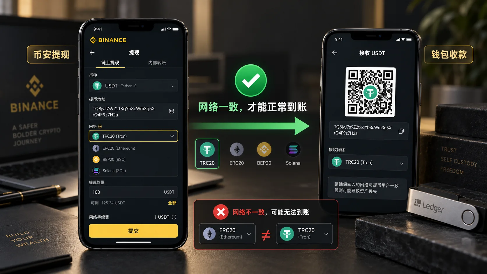 币安提币时网络必须和钱包接收网络一致:TRC20、ERC20、BEP20、Solana 选择示意