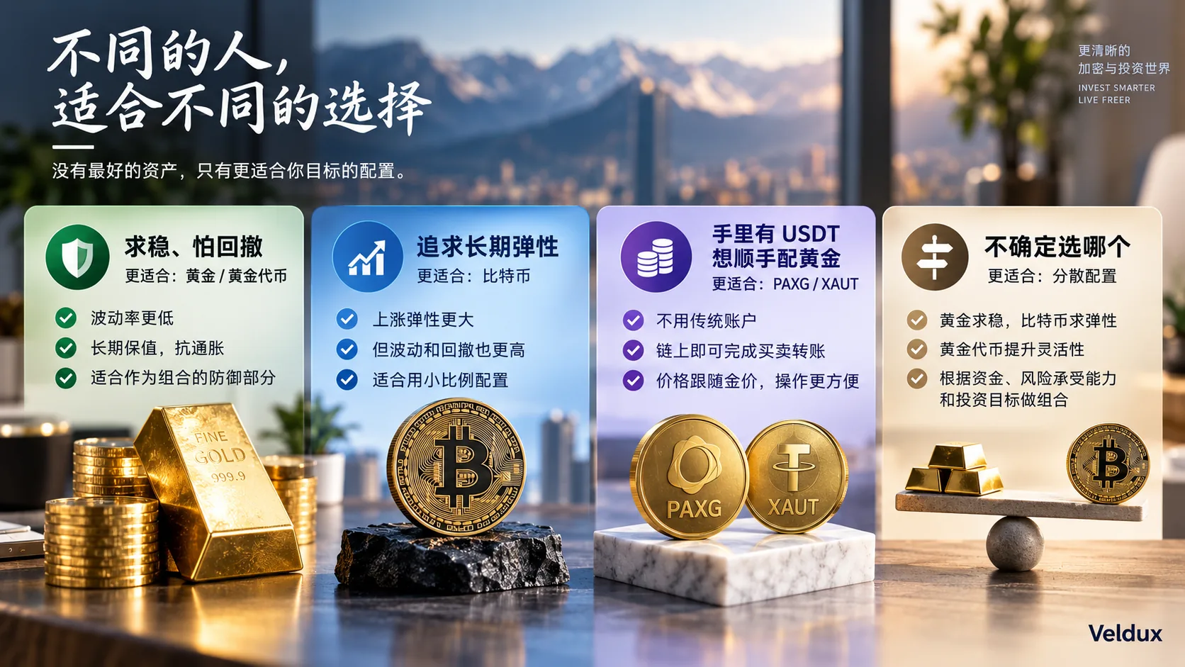 比特币 vs 黄金 vs 黄金代币选择逻辑:按你的情况(求稳 / 求弹性 / 有 USDT / 要实物 / 只跟踪金价)该选哪个