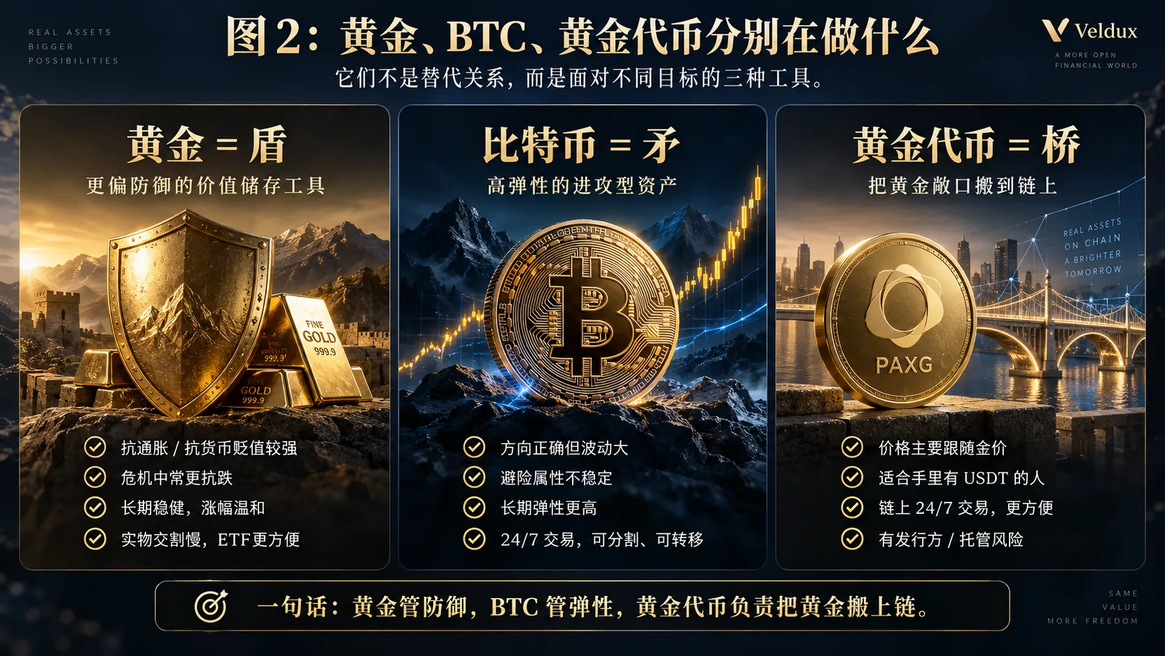 比特币 vs 黄金 vs 黄金代币四维打分对比:抗通胀、避险抗跌、长期增值弹性、流动性四个维度的强弱