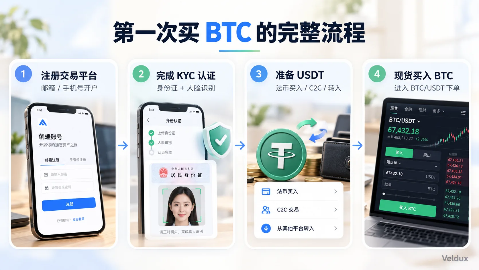 第一次买 BTC 完整流程：注册、KYC、准备 USDT、现货买入 BTC