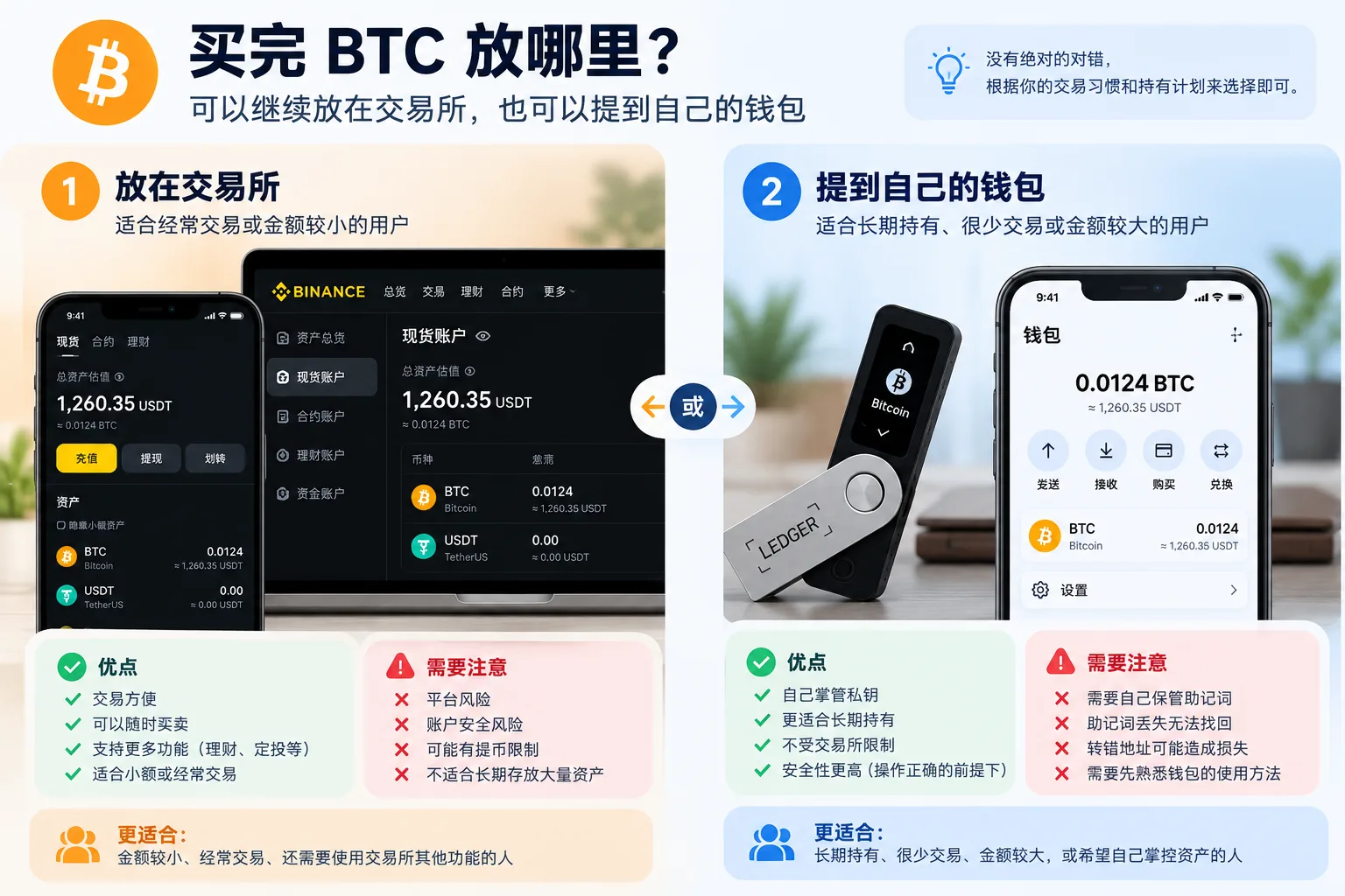 买完 BTC 放哪里：交易所账户和自托管钱包对比