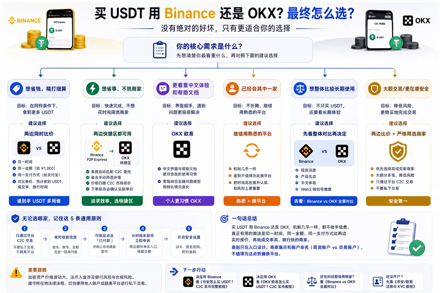 买 USDT 怎么选决策图：想精打细算 → 两边同条件比价，想省事 → 快捷区，已熟悉一家 → 继续用，想整体比较 → 看 Binance vs OKX 总对比