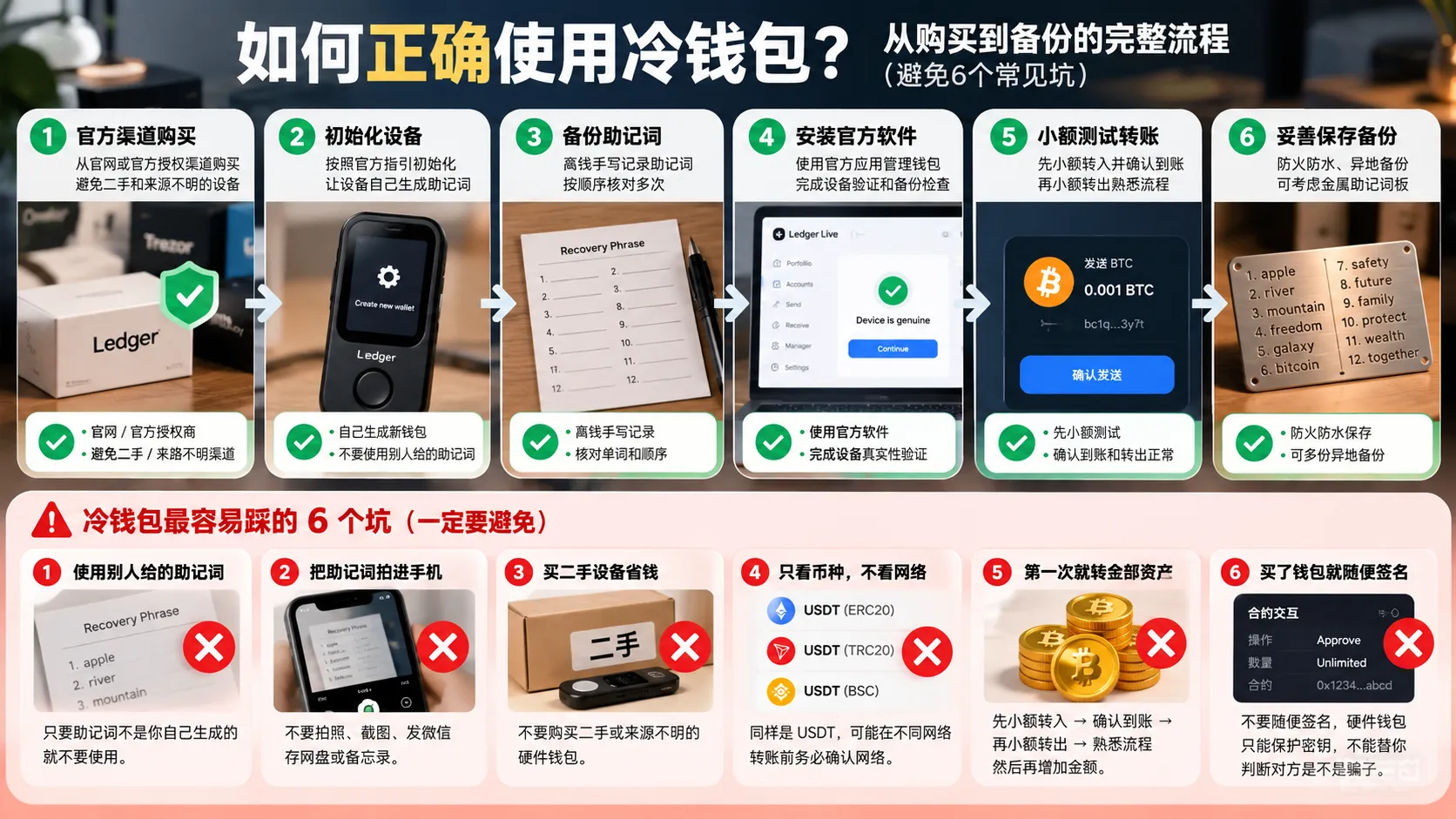 冷钱包正确使用流程:官方购买、初始化、助记词备份、小额测试与常见避坑