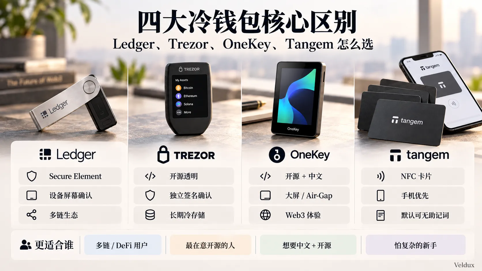 Ledger、Trezor、OneKey、Tangem 四大冷钱包核心区别对比