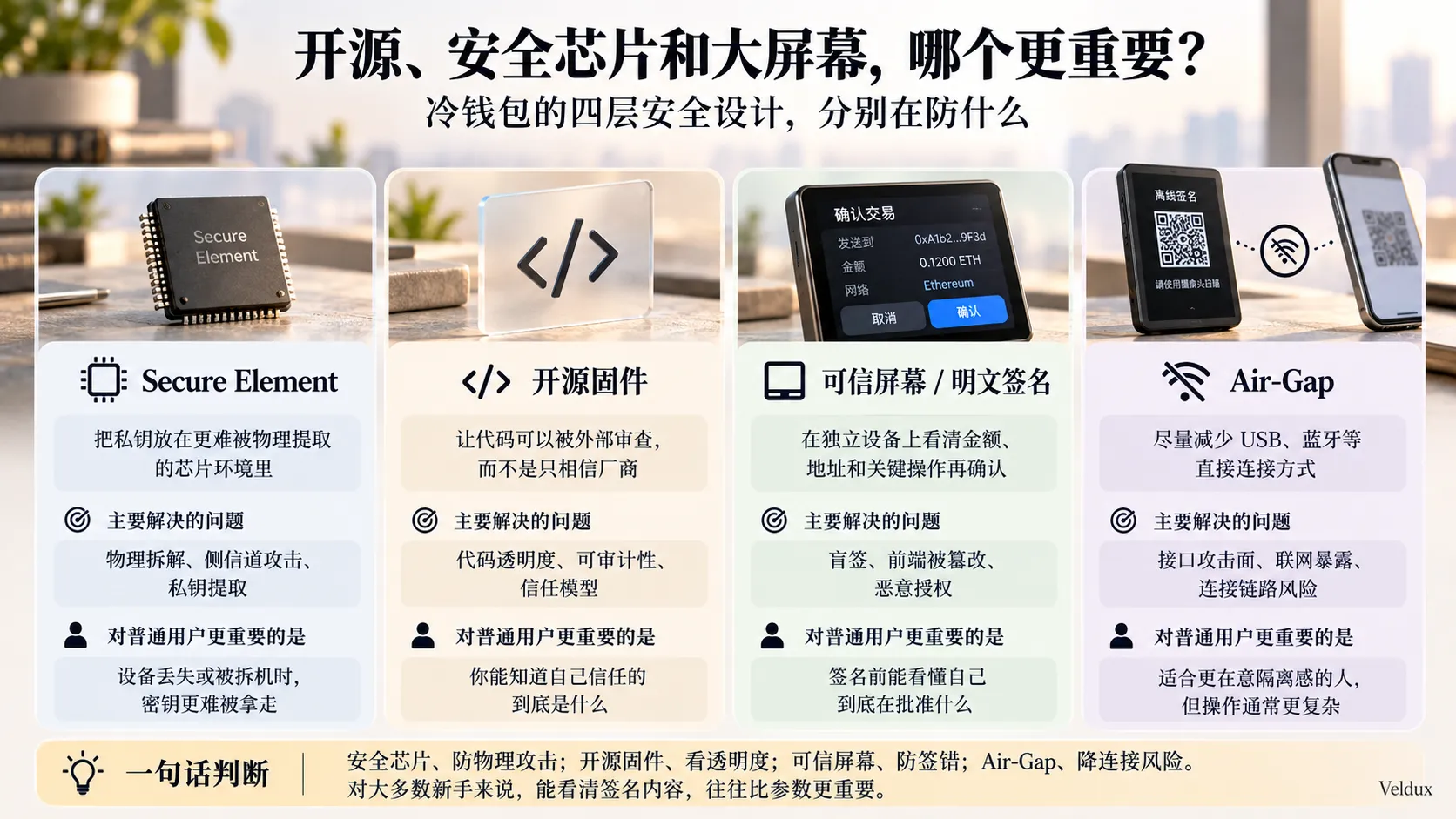Secure Element、开源固件、可信屏幕与 Air-Gap 四种冷钱包安全设计对比