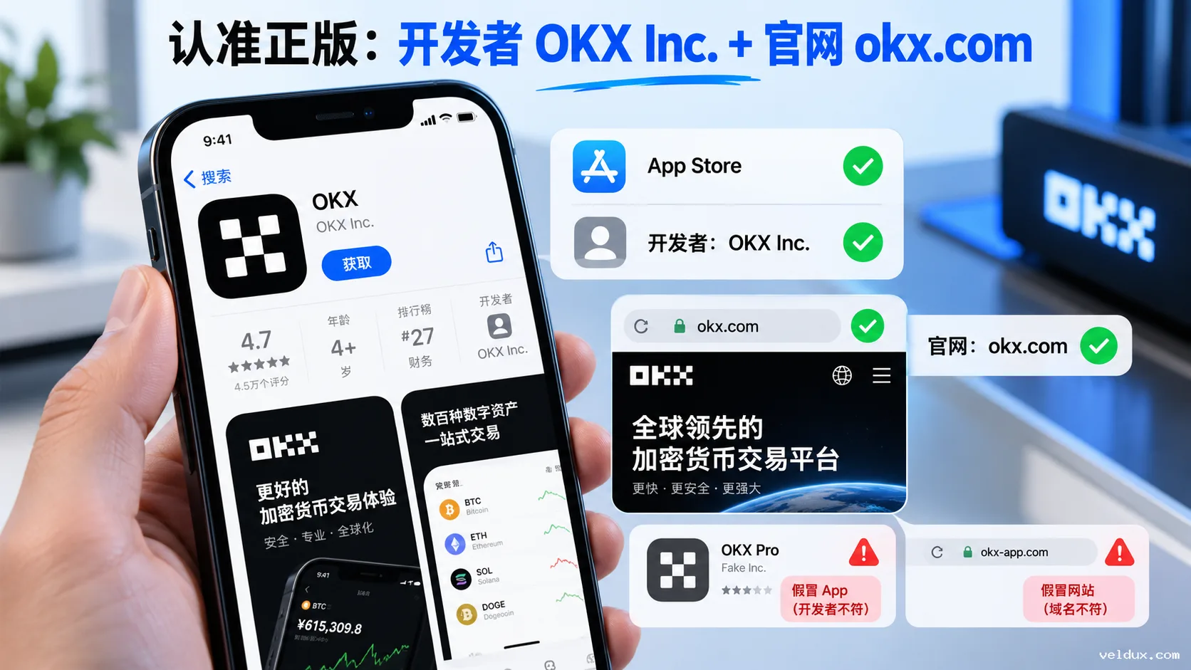 OKX iPhone 正版识别图:核对开发者 OKX Inc. 与官网 okx.com