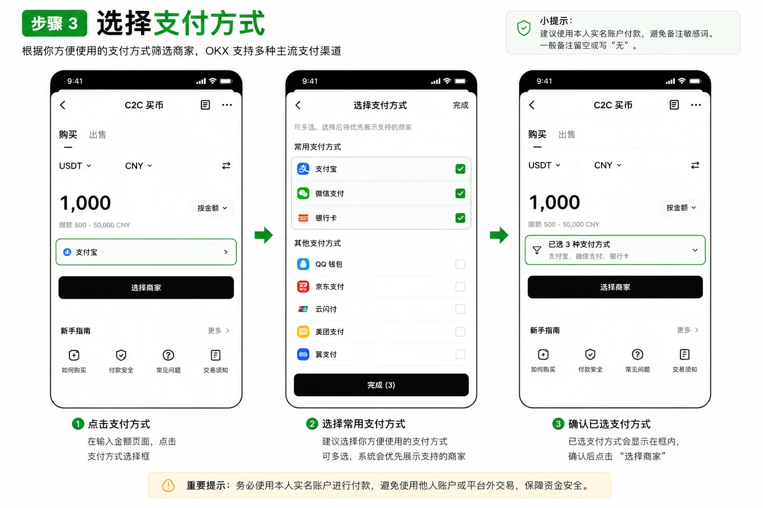 OKX C2C 买币：选择支付方式（支付宝 / 微信 / 银行卡）页面