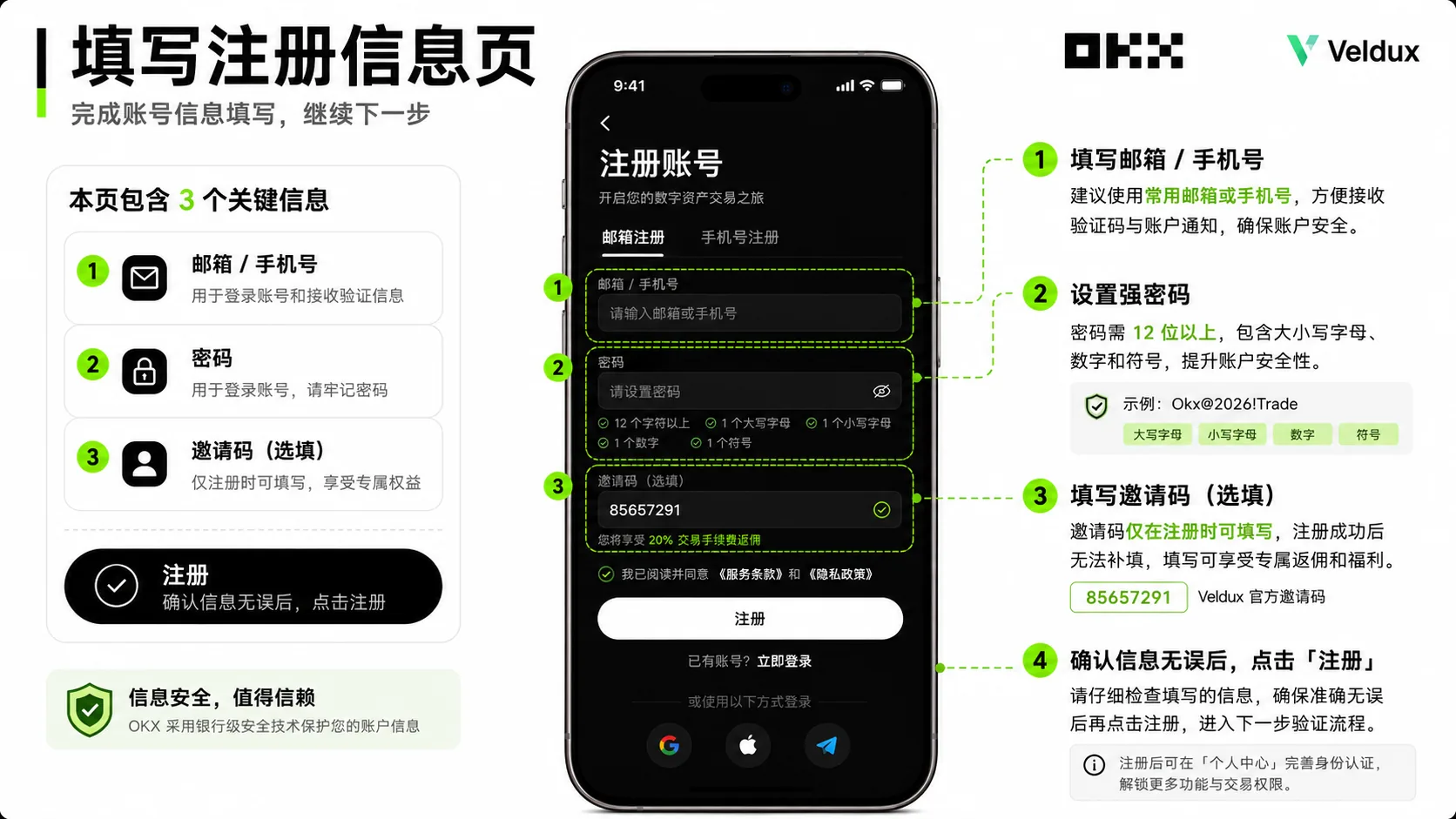 欧易注册页:邮箱/手机号、密码、邀请码输入框同屏