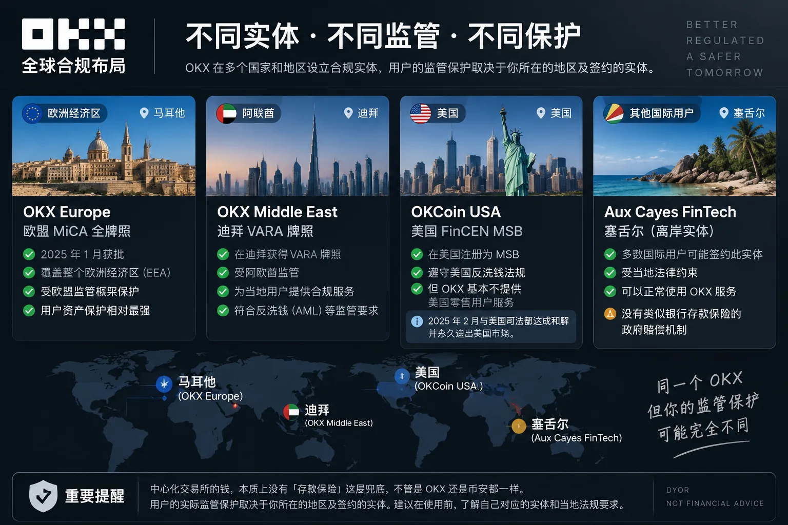 OKX全球监管实体与用户保护范围示意图