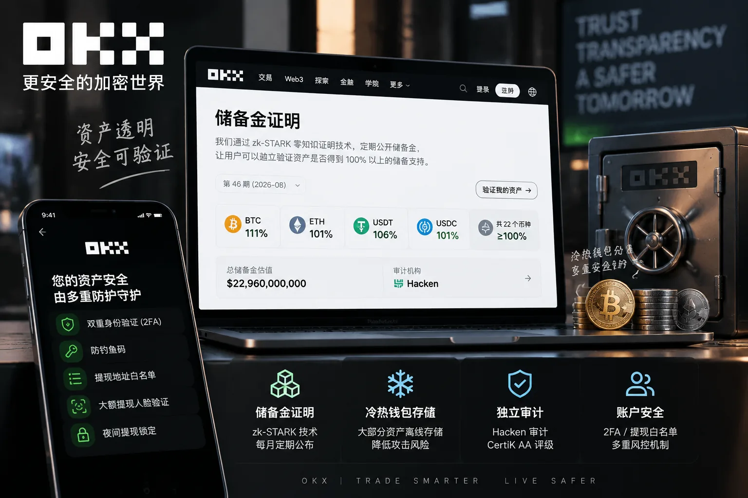 OKX储备金证明、冷钱包存储与账户安全机制示意图