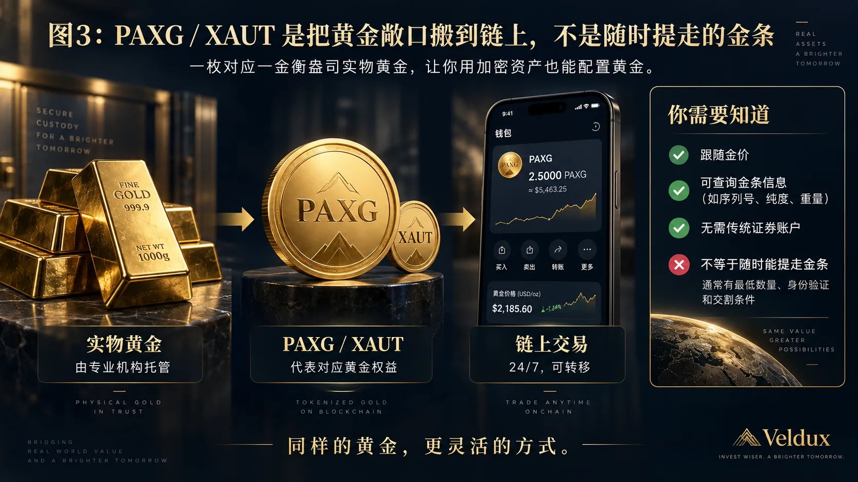 黄金代币(PAXG/XAUT)结构示意:一枚代币对应一盎司托管实物黄金,赎回金条需满足身份验证、整根数量与交割条件