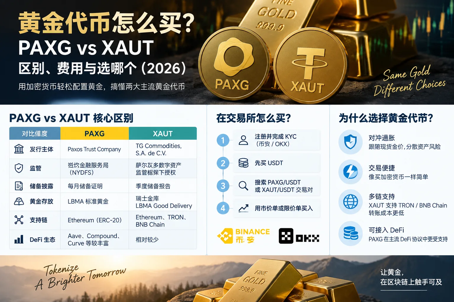 黄金代币怎么买？PAXG vs XAUT 区别、费用与选哪个（2026）