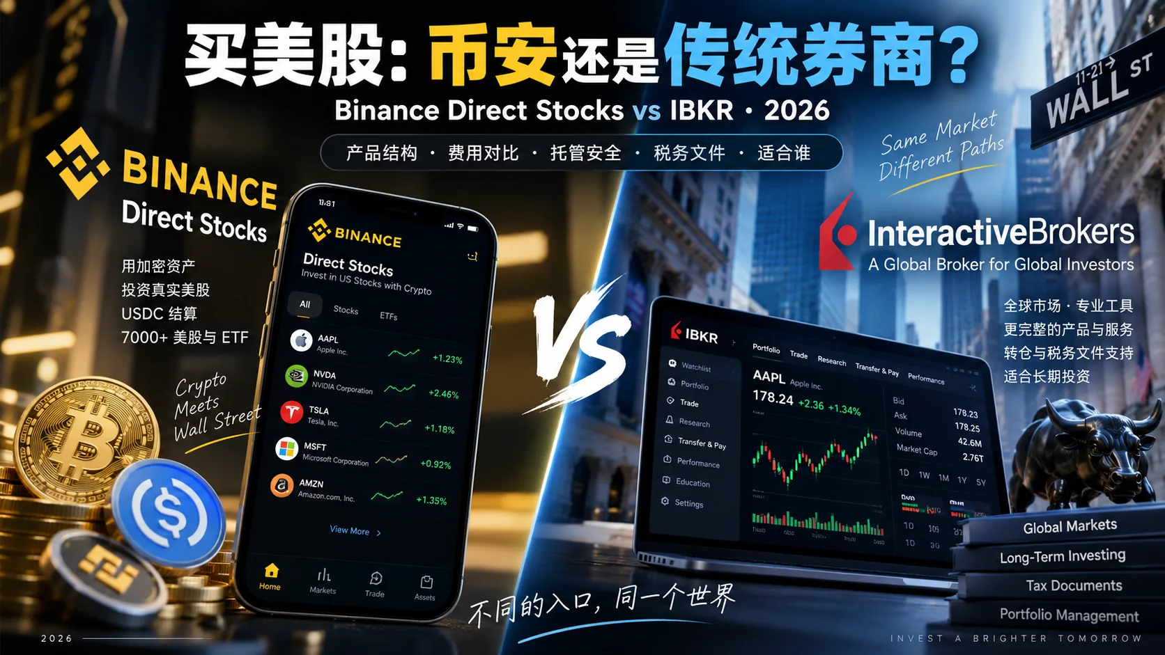 买美股，用加密交易所还是传统券商？（2026）IBKR、富途、老虎 vs 币安 Direct Stocks 怎么选