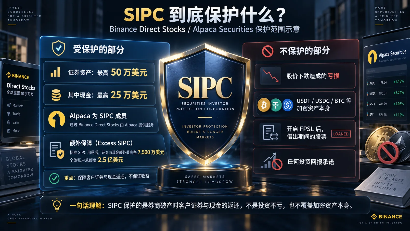 SIPC 保护范围示意图：Alpaca Securities 证券和现金保障，以及投资亏损、加密资产和 FPSL 借出股票不受保护的情况