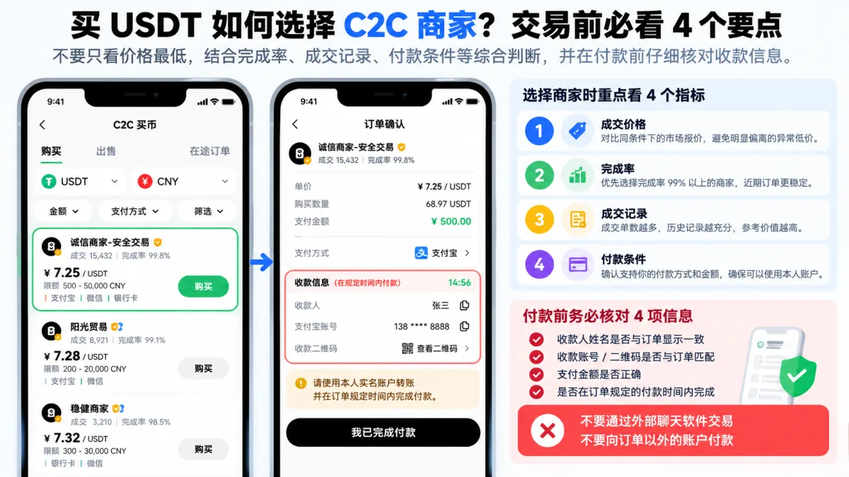 买USDT如何选择C2C商家:成交价格、完成率、交易记录与付款安全对比
