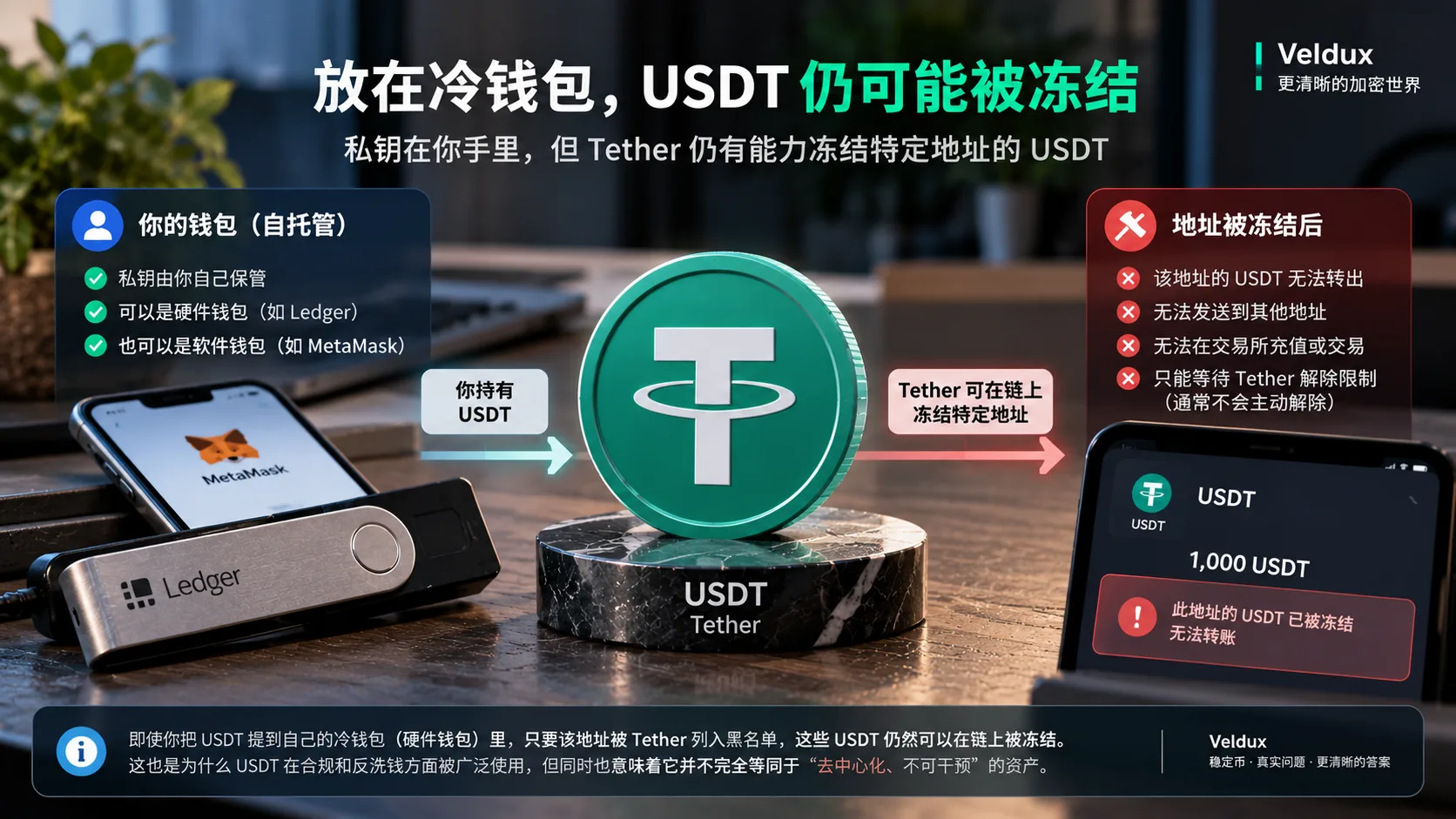 冷钱包里的 USDT 仍可能被冻结:自托管只解决私钥保管,无法取消发行方的冻结能力
