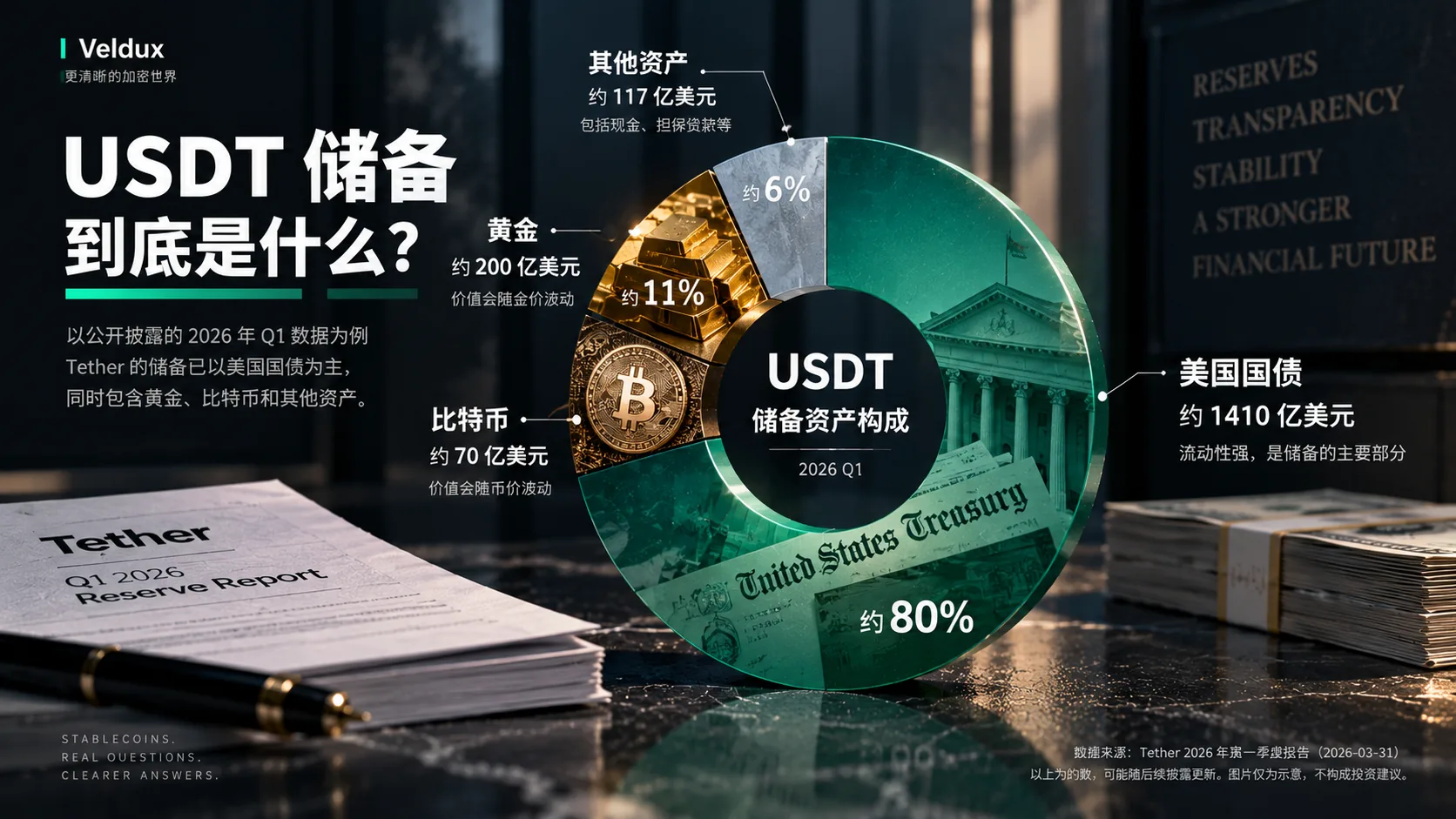 USDT 储备资产构成:美国国债占绝对主力,另含黄金、比特币等资产