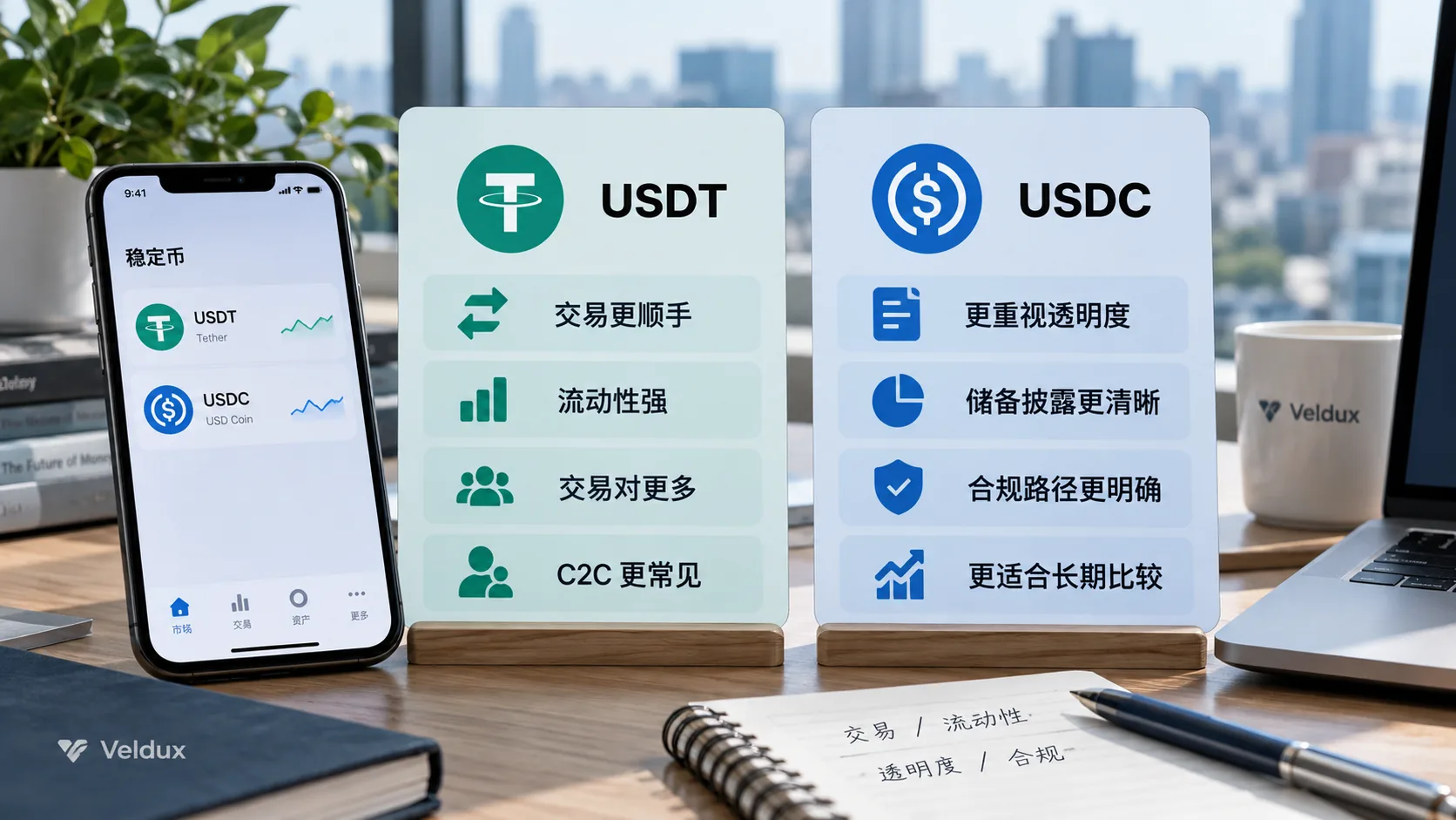 USDT vs USDC 区别对比：USDT 强在交易流动性与 C2C 覆盖，USDC 强在储备披露频率与欧盟 MiCA 合规路径