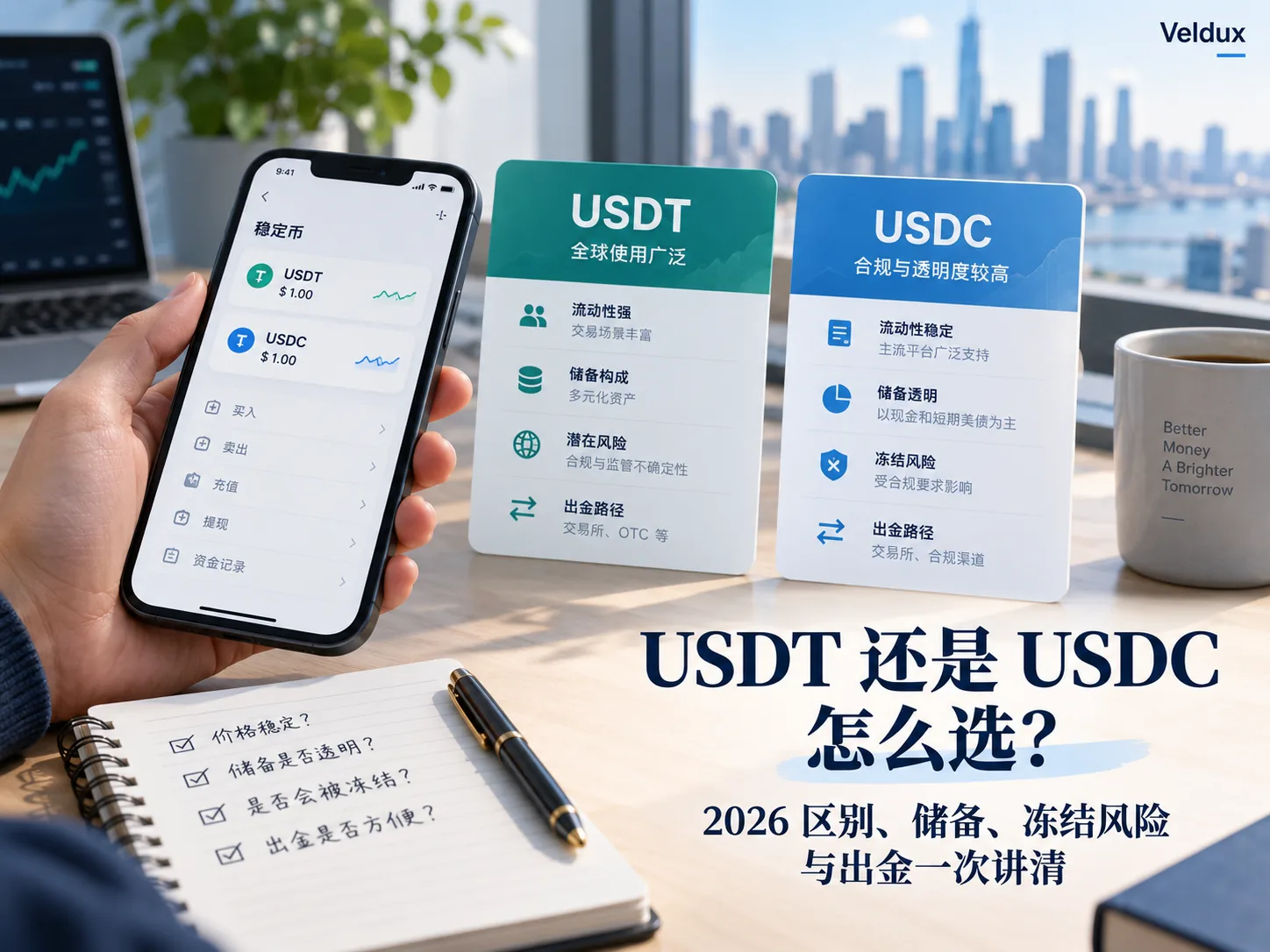USDT 还是 USDC 怎么选？2026 区别、储备、冻结风险与出金一次讲清