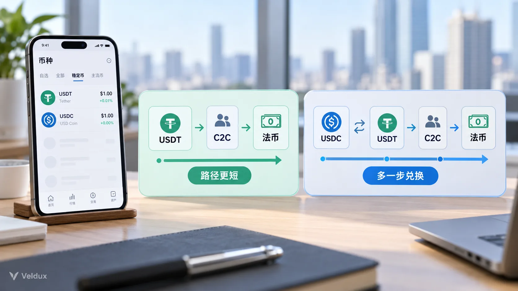 USDT 与 USDC 出金路径对比：USDT 直接经 C2C 换成法币，USDC 需先兑换成 USDT 再经 C2C 出金，多一次兑换