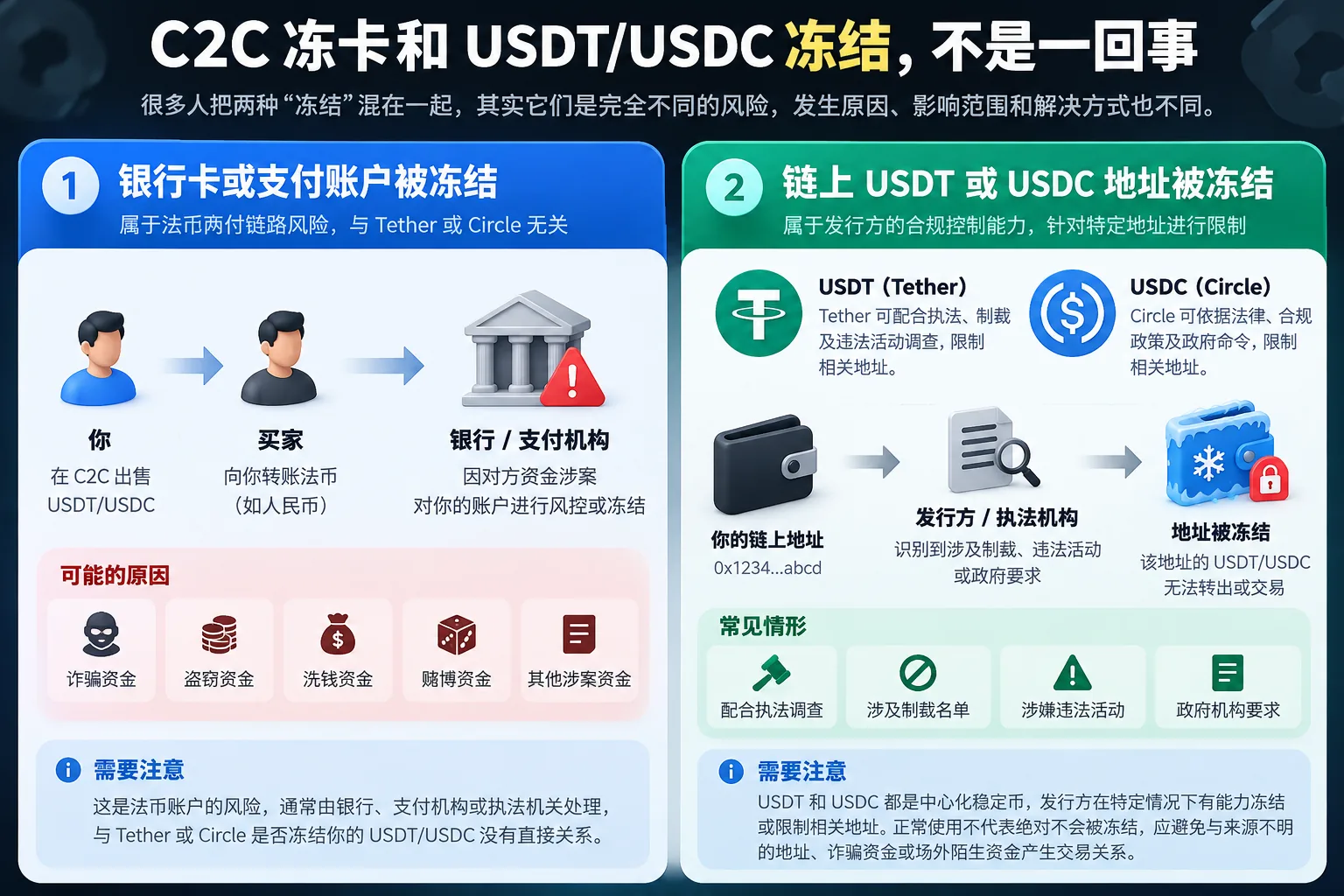 两种冻结的区别：银行卡或支付账户被冻结（法币支付链路风险）与链上 USDT/USDC 地址被冻结（发行方限制）不是一回事