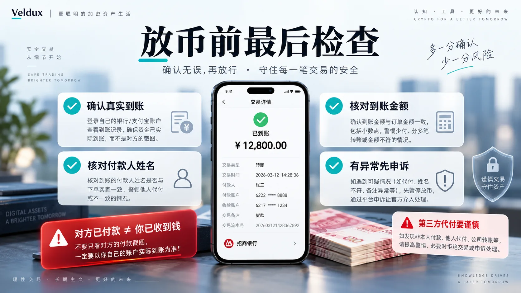 币安 C2C 卖币确认收款示意:先确认本人账户真实到账,再核对付款人实名与金额一致,最后才放币