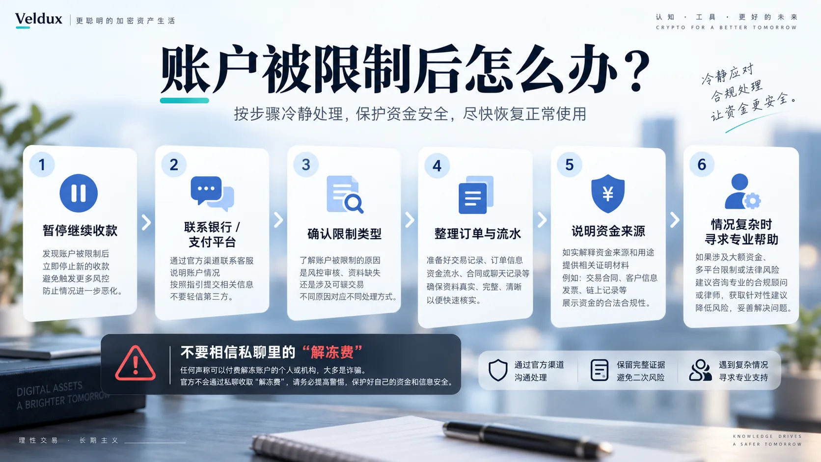 银行卡/支付宝被限制后的处理步骤示意:先确认限制类型 → 联系银行或支付宝 → 整理交易记录 → 说明资金来源