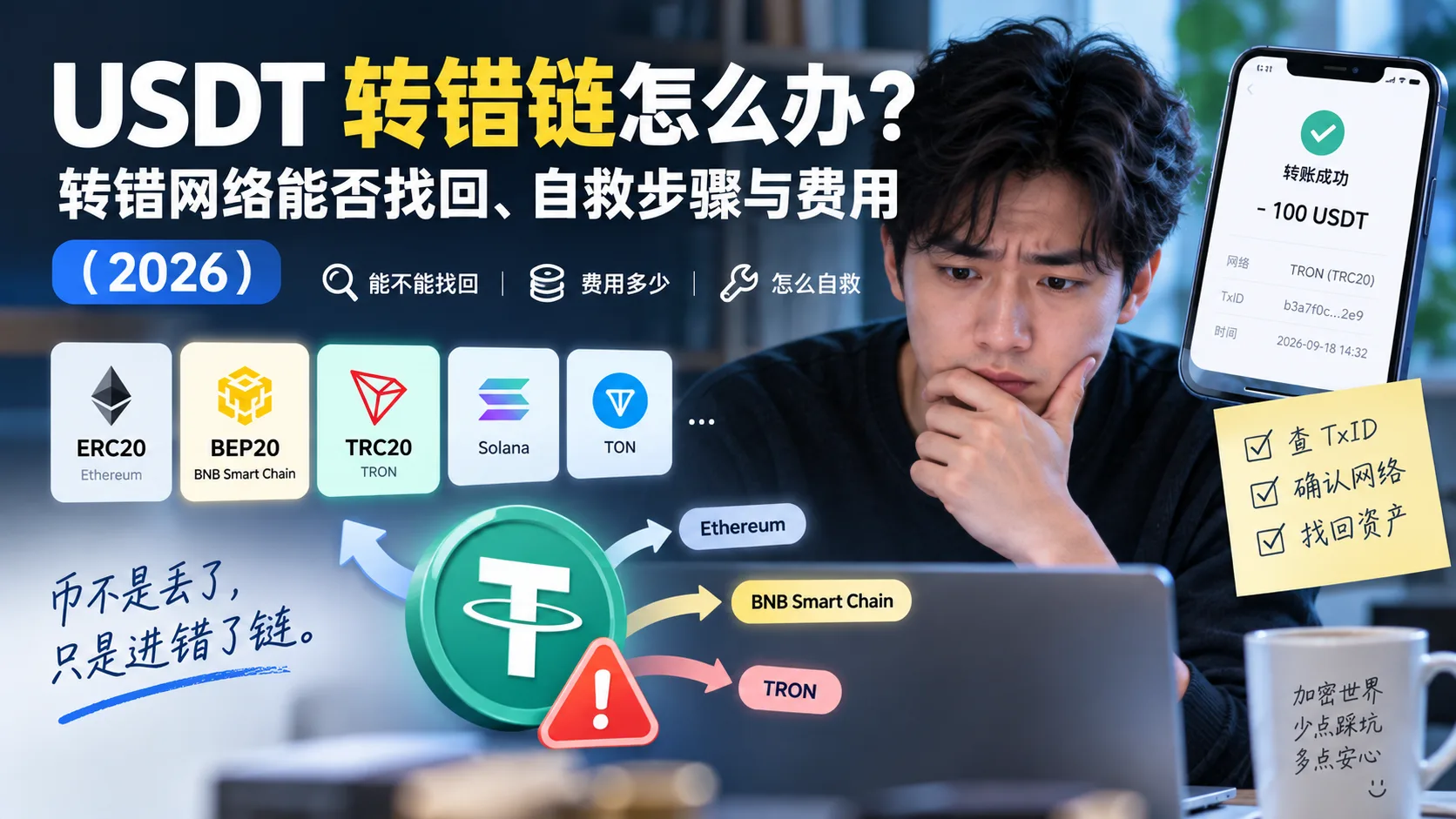 USDT 转错链怎么办？转错网络能否找回、自救步骤与费用（2026）