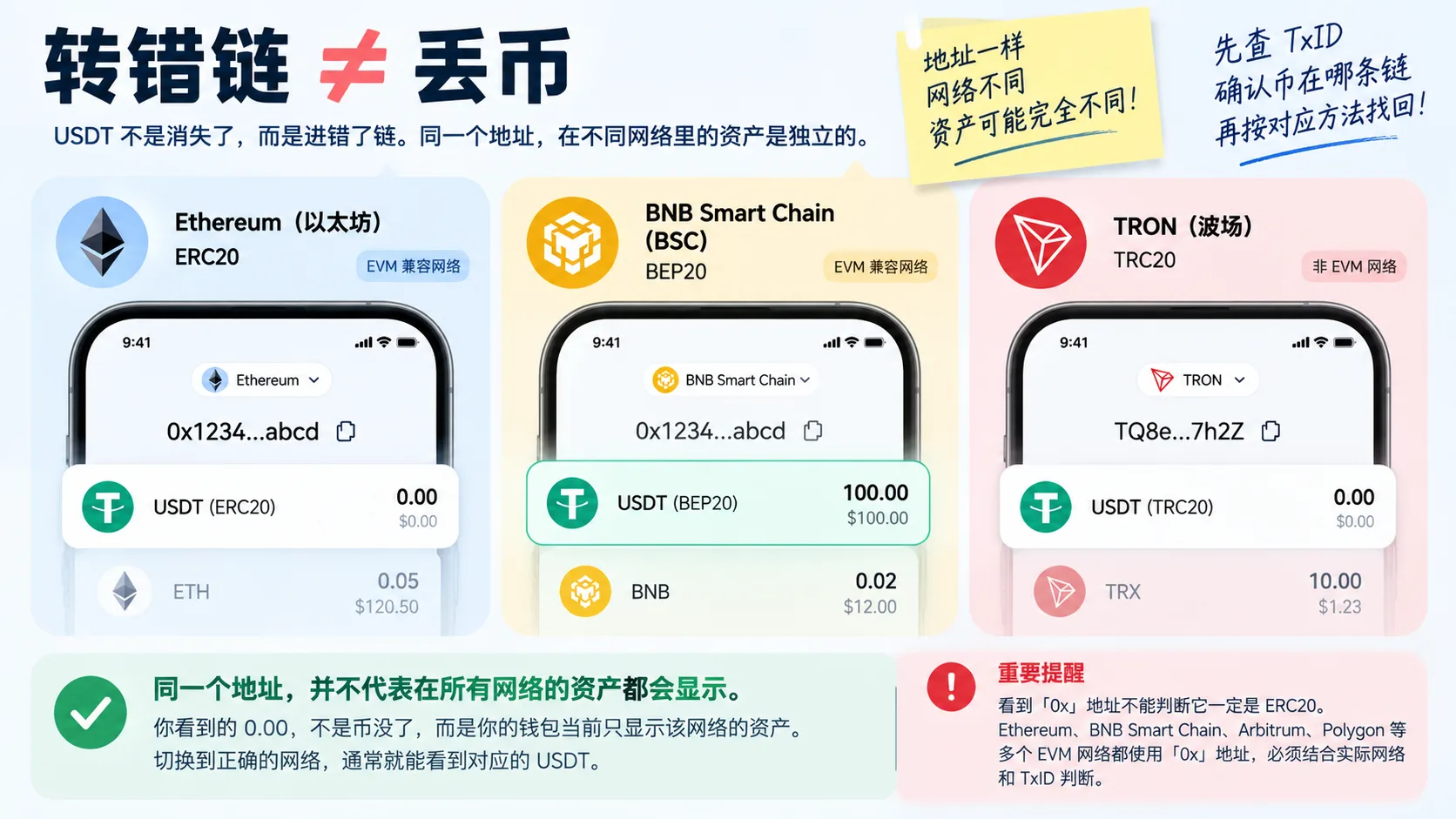同一个 0x 地址在不同 EVM 网络中资产彼此独立——余额为 0 不代表 USDT 消失,先确认 TxID 和实际网络