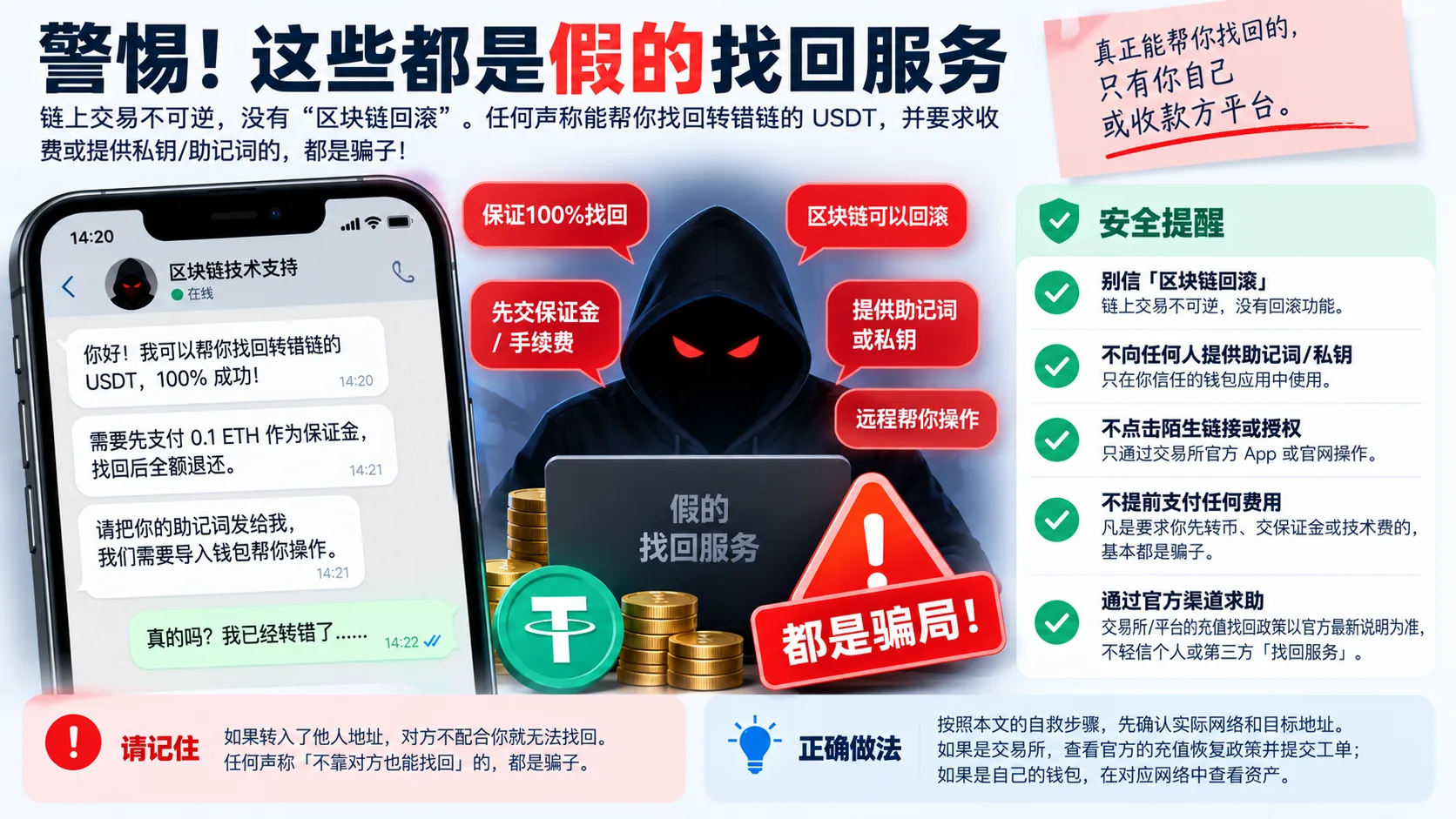警惕所谓"USDT 找回服务":任何声称可以回滚区块链、要求先付保证金/技术费或索要助记词/私钥的第三方都应高度警惕